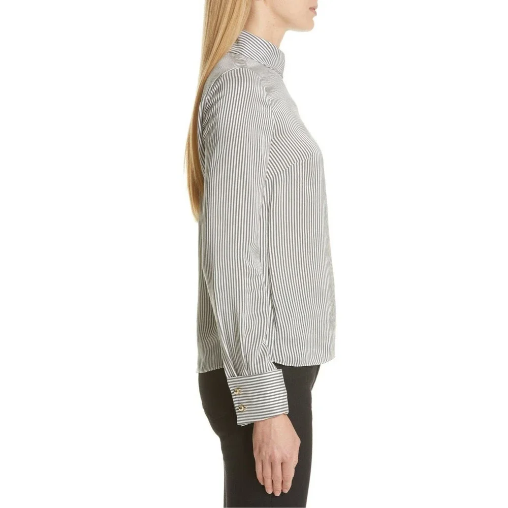 ERDEM Grey White Gold Cuff Link FLORINN Pin-Stripe Satin Blouse 6 US 10 42 38 36 - Picture 4 of 12